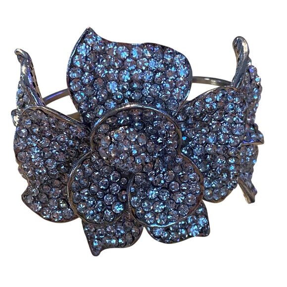 Silver-Tone Crystal-Encrusted Flower Bracelet Cuff - Picture 7 of 8